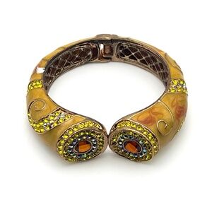 80's Chic Autumn Gold Swirl Enamel with Yellow Rhinestones Clamper Bracelet